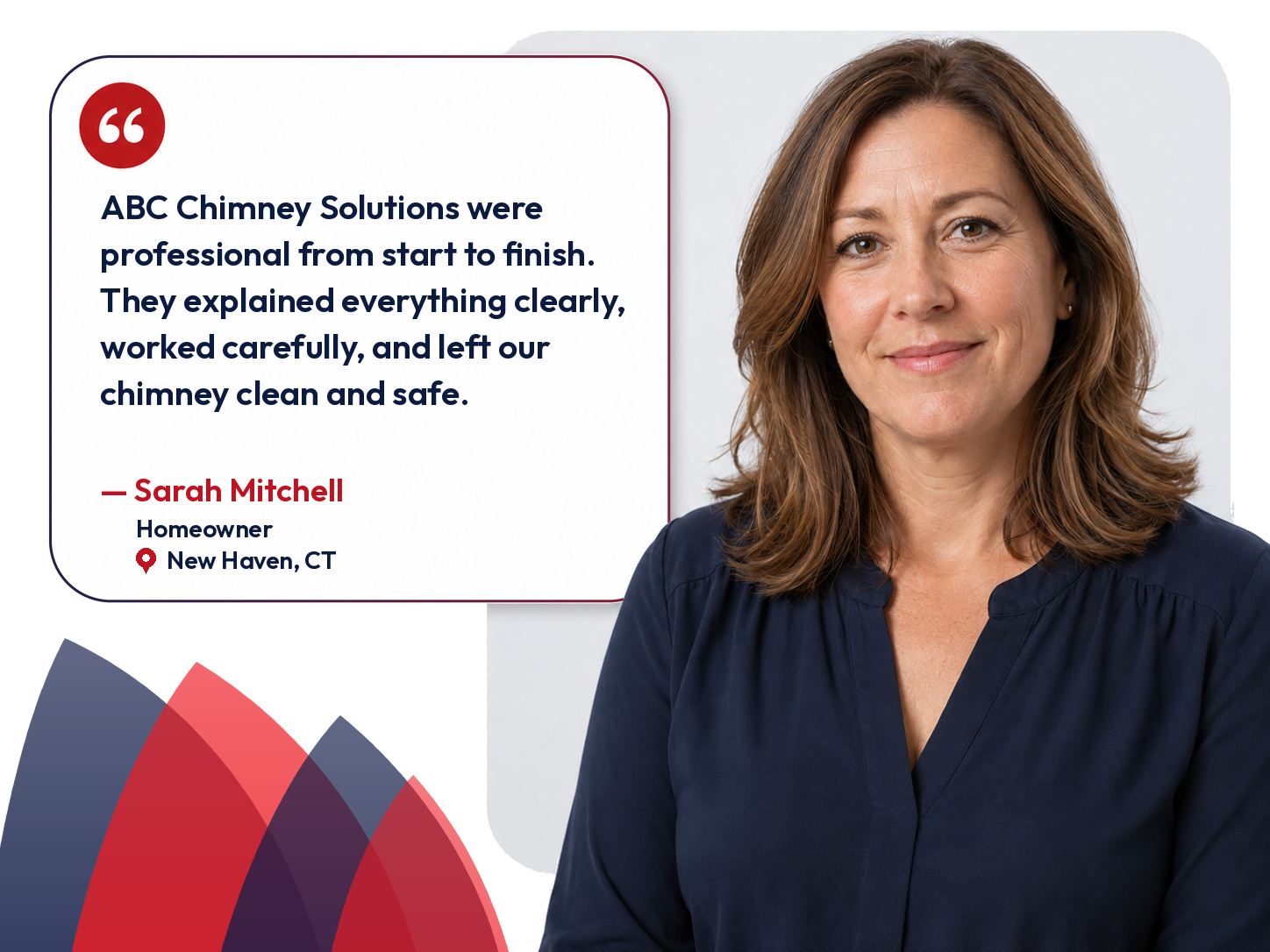 Customer review from a New Haven homeowner about ABC Chimney Solutions' chimney inspection and repair work.