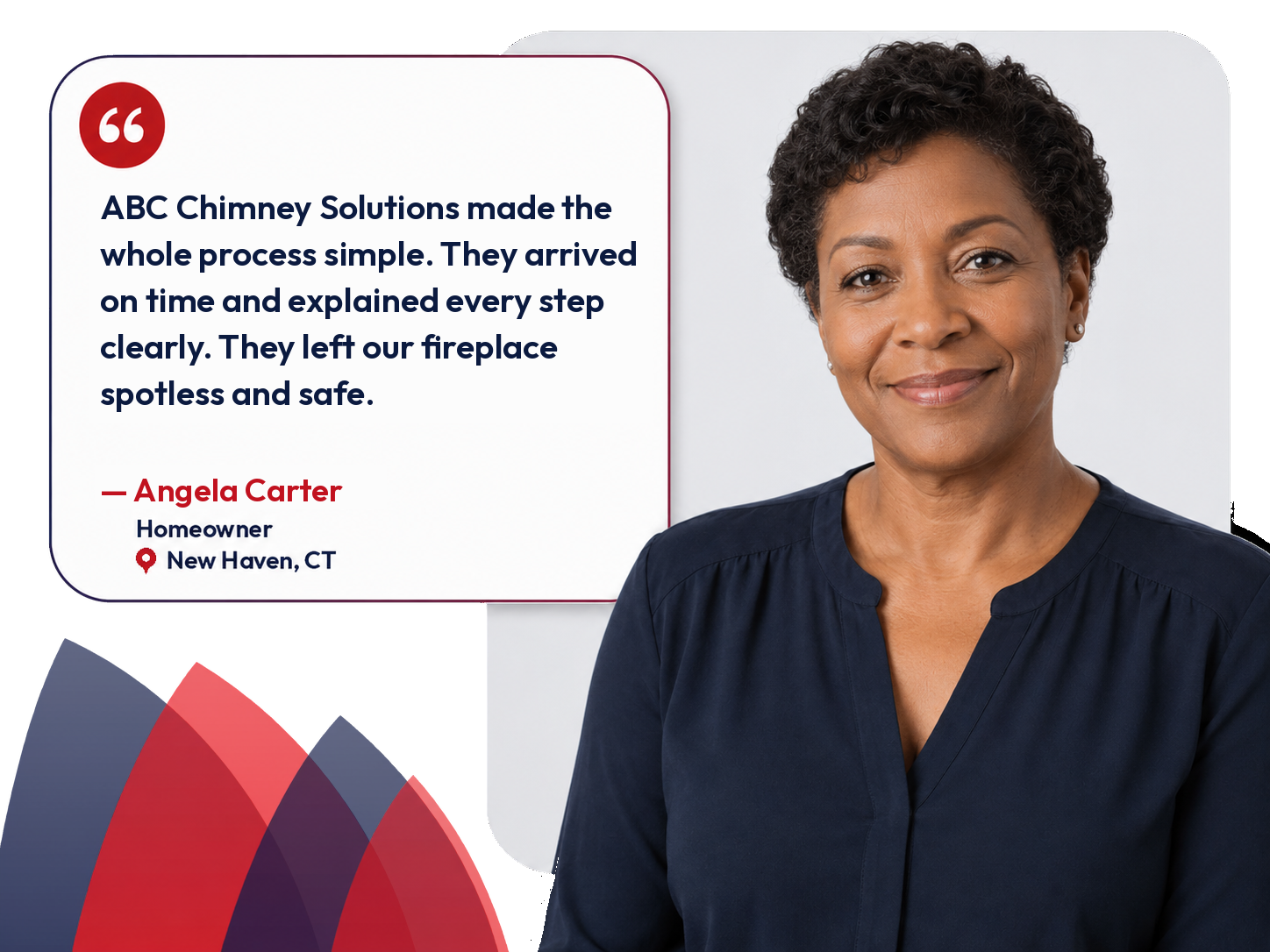 Customer review from Sarah, a Connecticut homeowner, about ABC Chimney Solutions' chimney service.